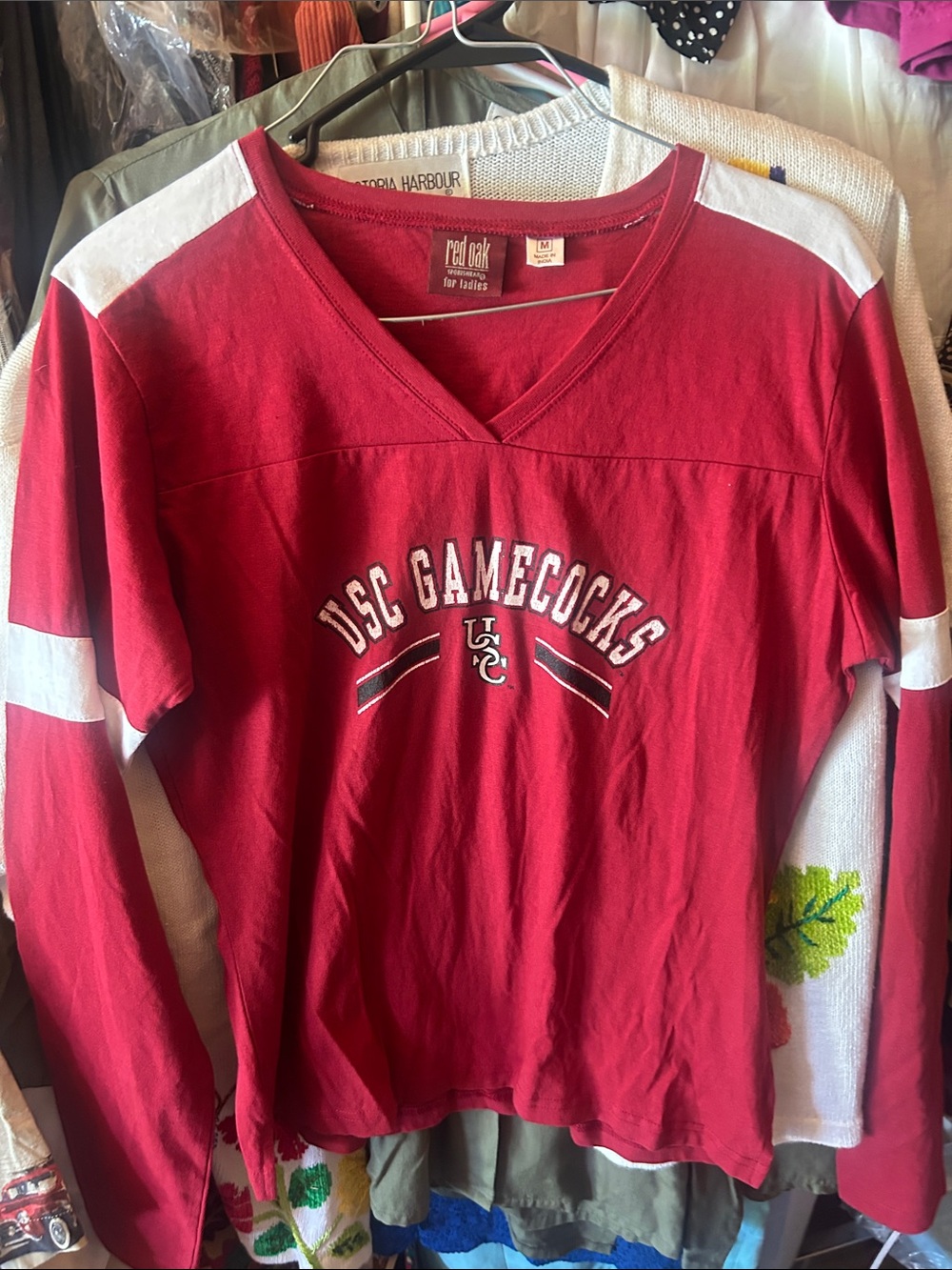 Red Oak USC Gamecocks Women's Red V-Neck Long Sleeve Fan Tee new